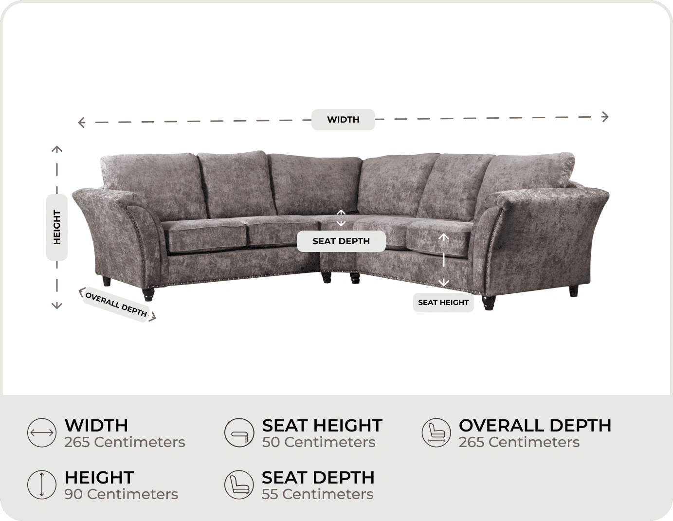 Cotswold Truffle Fabric High Back Corner Sofa measurements
