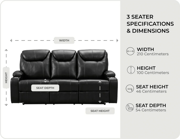 Cinemax Black Leather Recliner 3 Seater Sofa measurements