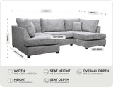Mayfair Grey Fabric U Shape High Back Corner Sofa + Footstool  measurements
