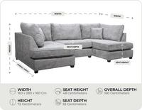 Mayfair Grey Fabric U Shape High Back Corner Sofa + Footstool  measurements
