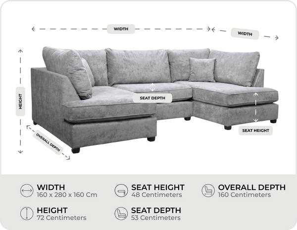Mayfair Grey Fabric U Shape High Back Corner Sofa + Footstool  measurements
