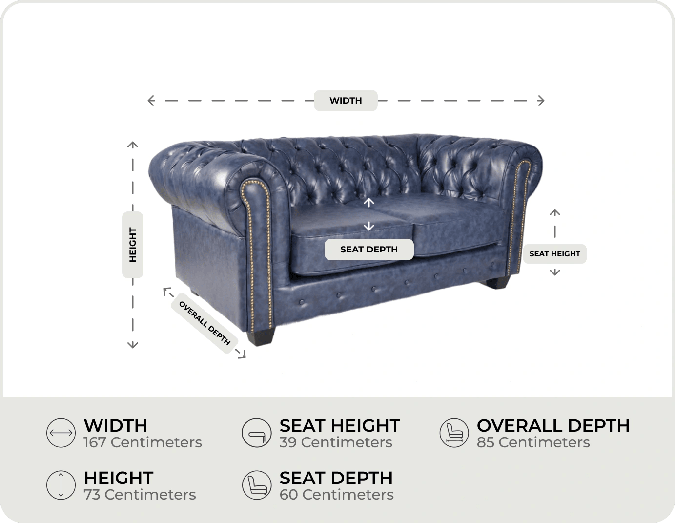 Chesterfield Blue Leather Antique 2 Seater Sofa measurement