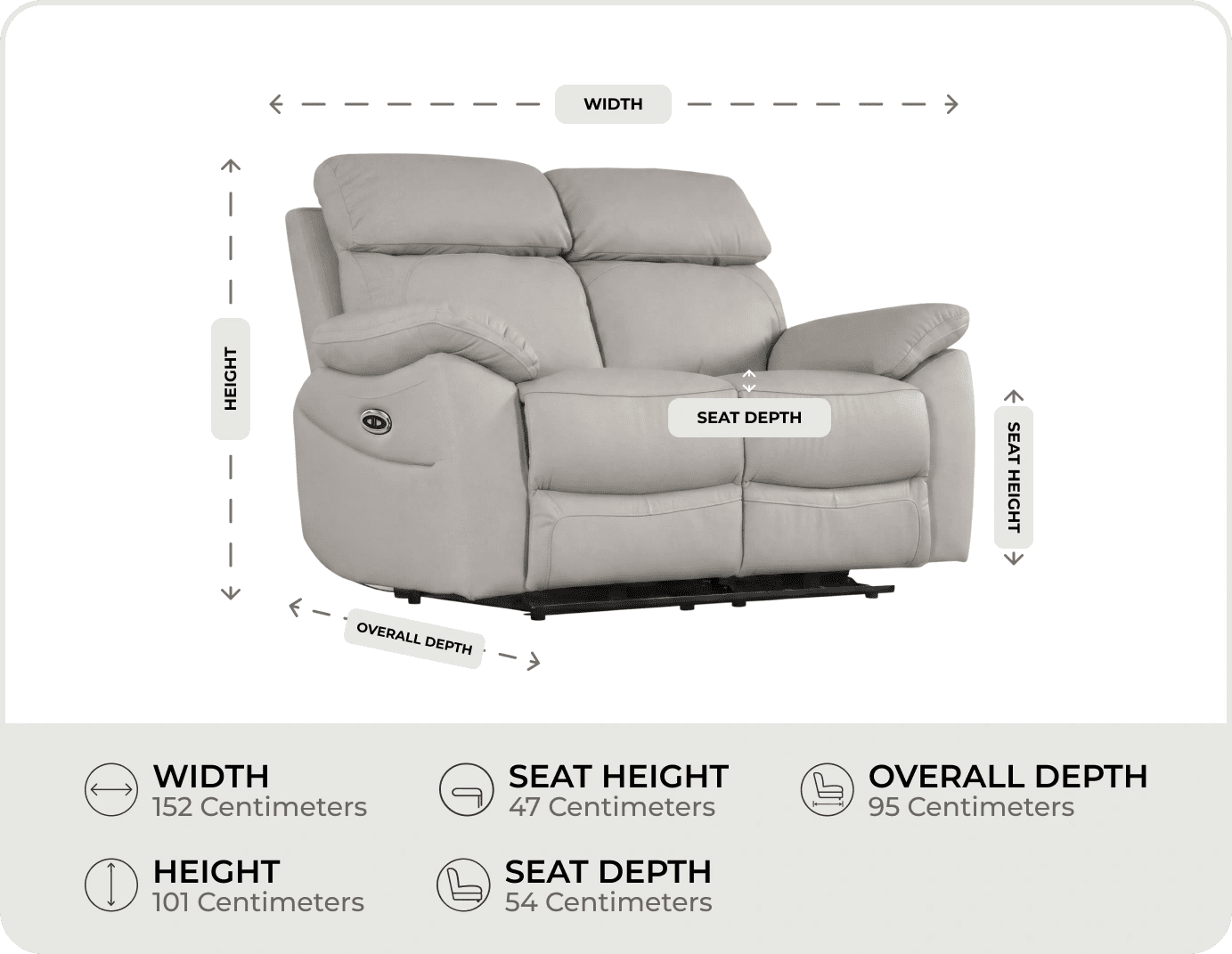 Torino Genuine Leather Light Grey Electric Power Recliner 2 Seater Sofa    measurements
