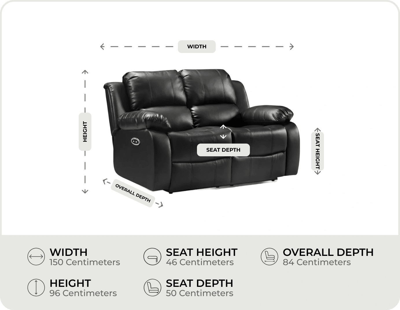York Black Leather Electric Recliner 2 Seater Sofa measurement