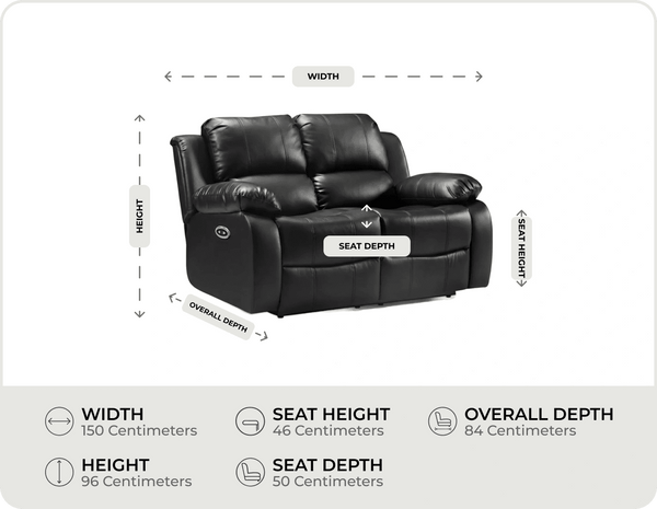 York Black Leather Electric Recliner 2 Seater Sofa measurement