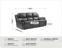 York Grey Leather 3 Seater Manual Recliner Sofa measurement