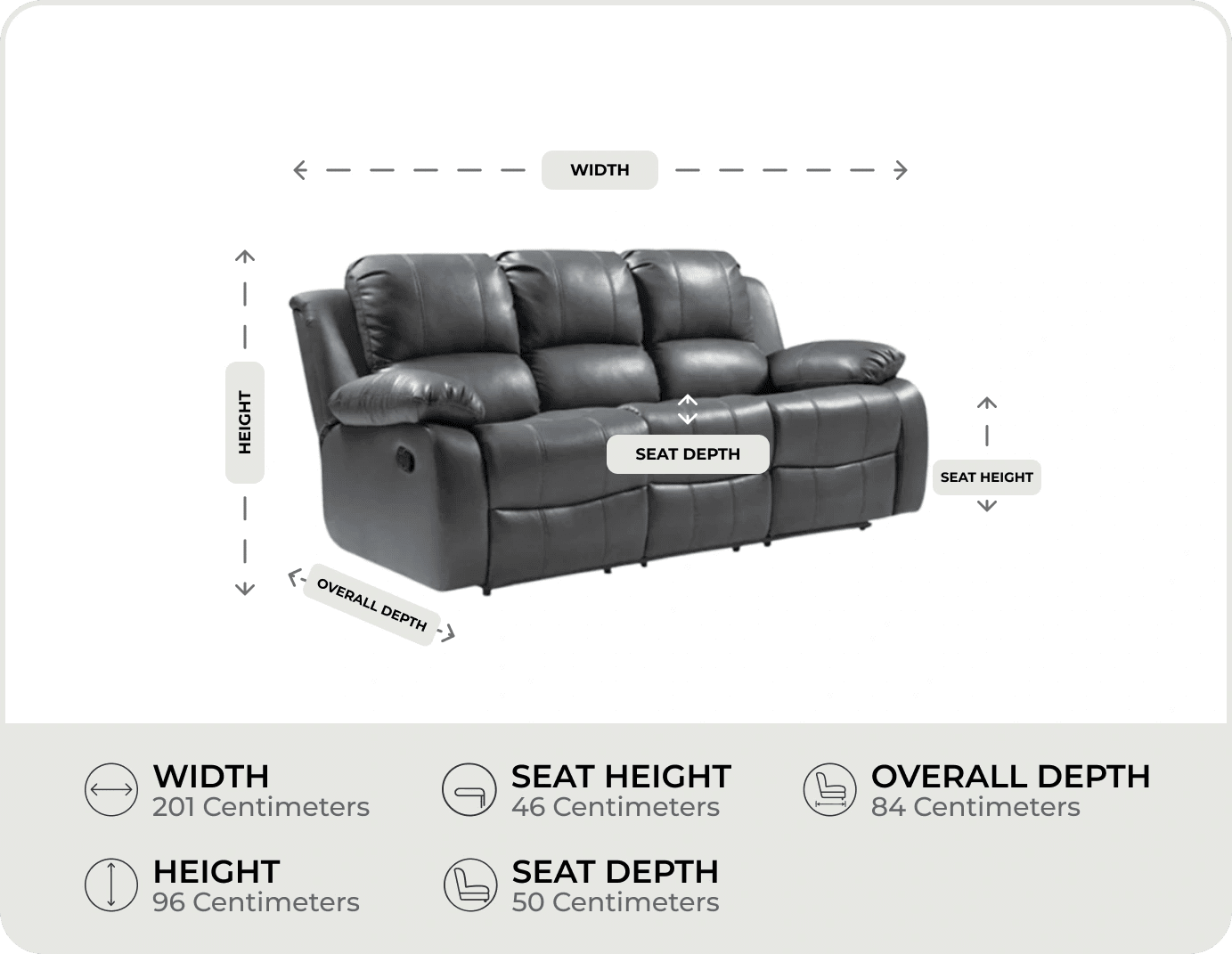 York Grey Leather 3 Seater Manual Recliner Sofa measurement