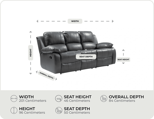 York Grey Leather 3 Seater Manual Recliner Sofa measurement