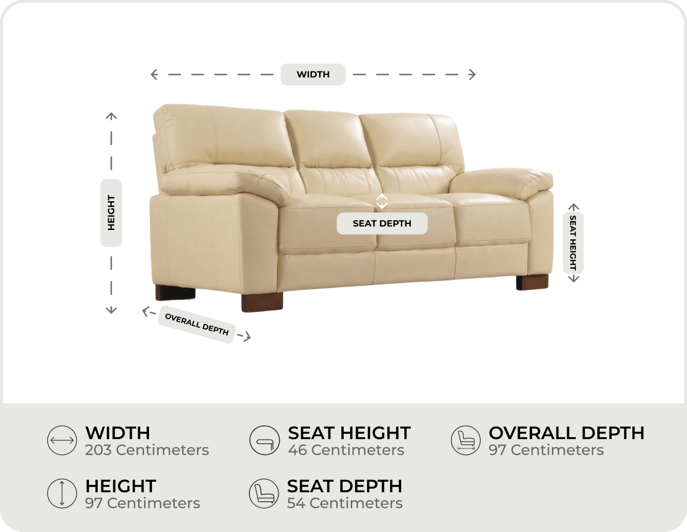 Dalmore Genuine Leather Cream 3 Seater Sofa measurement