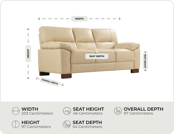 Dalmore Genuine Leather Cream 3 Seater Sofa measurement