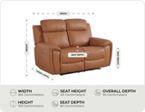 Leo Genuine Leather Caramel Electric Power Recliner 2 Seater Sofa measurements