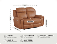 Leo Genuine Leather Caramel Electric Power Recliner 2 Seater Sofa measurements