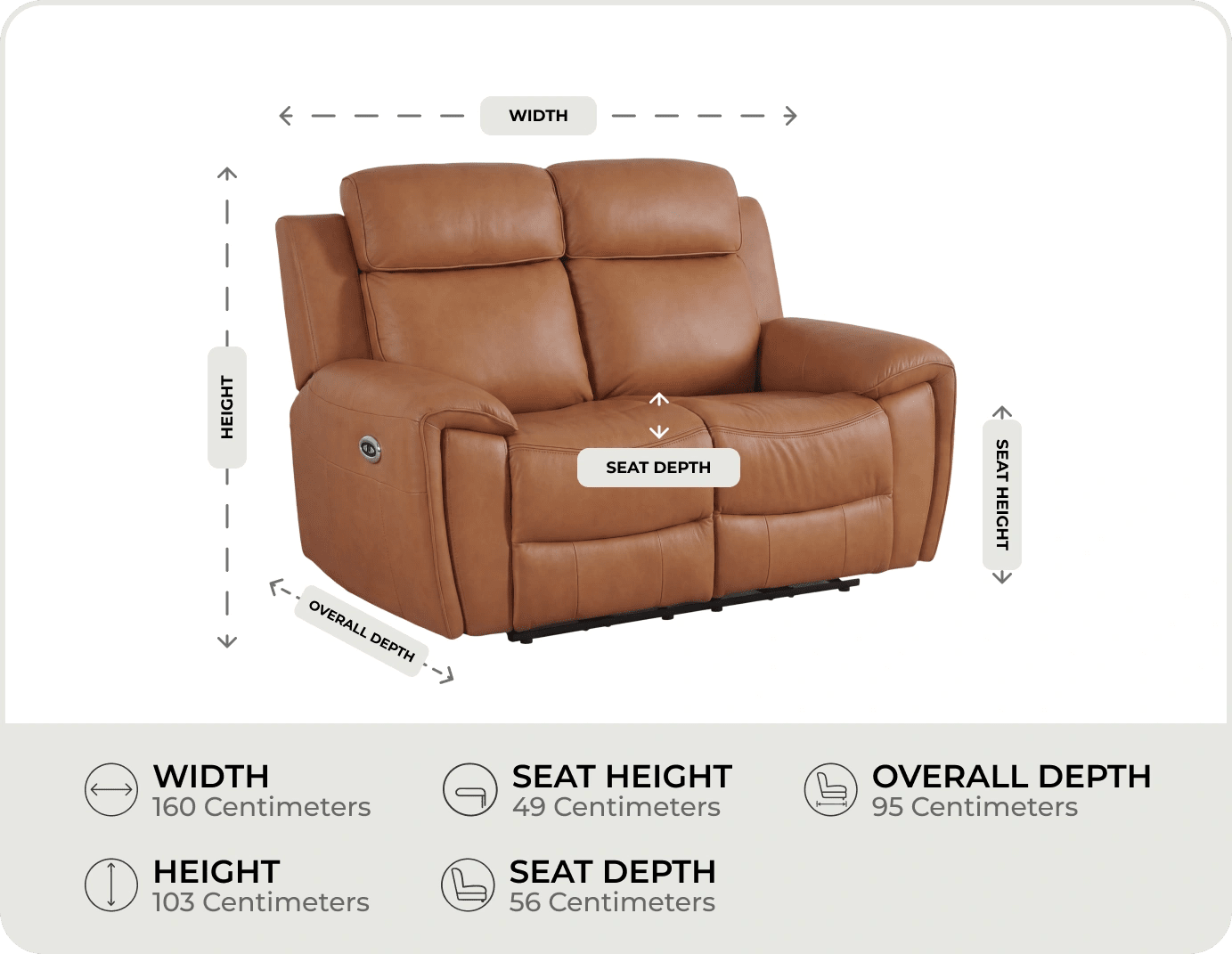 Leo Genuine Leather Caramel Electric Power Recliner 2 Seater Sofa measurements