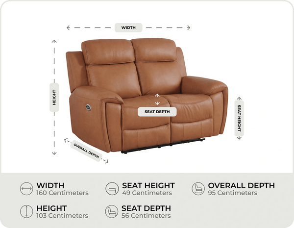 Leo Genuine Leather Caramel Electric Power Recliner 2 Seater Sofa measurements
