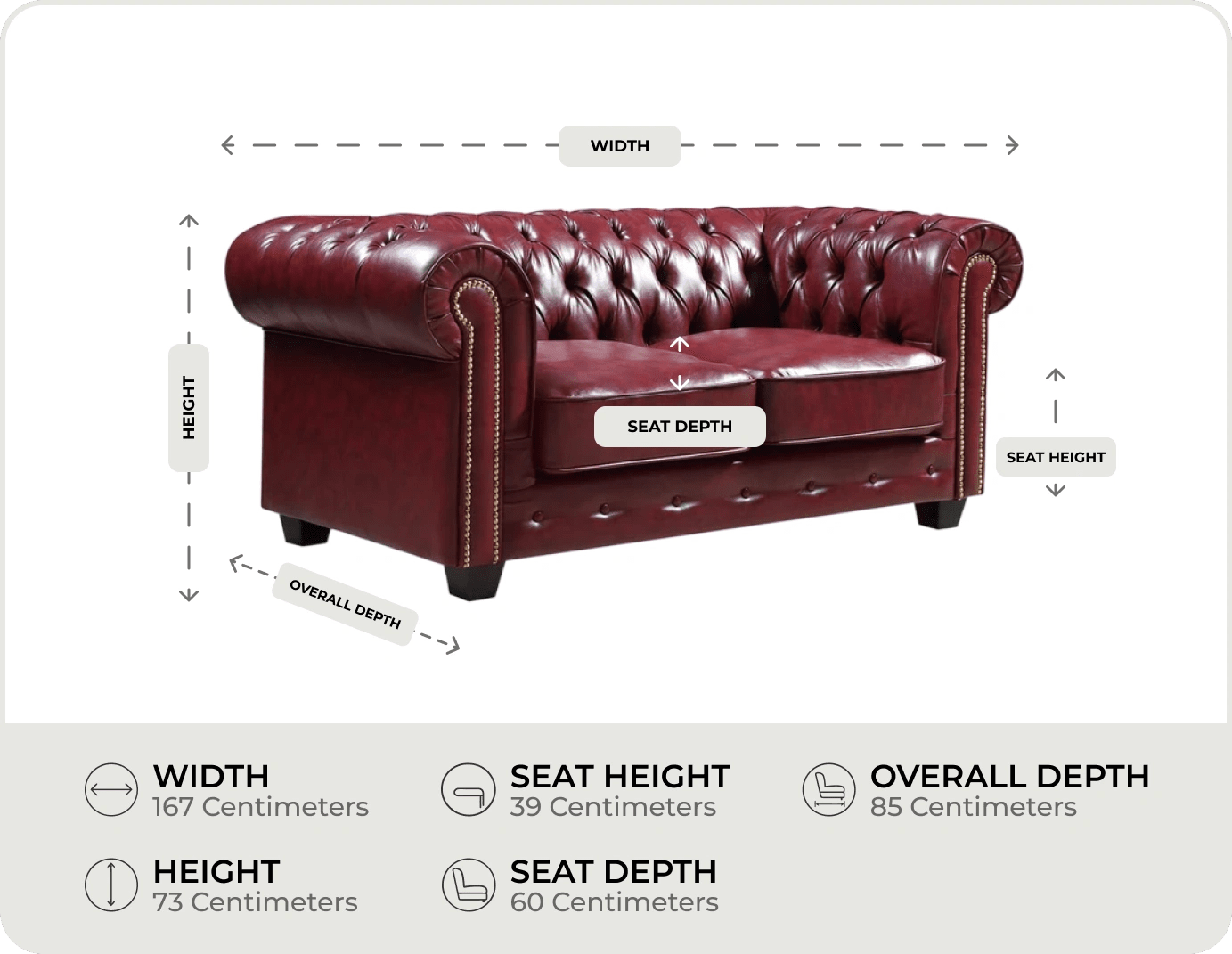 Chesterfield Red Leather Antique 2 Seater Sofa measurements