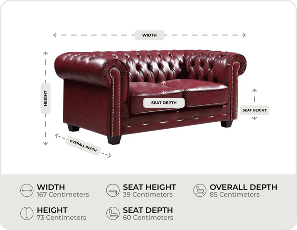 Chesterfield Red Leather Antique 2 Seater Sofa measurements