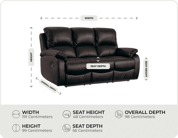 Serano Brown Leather Manual Recliner 3 Seater Sofa measurements
