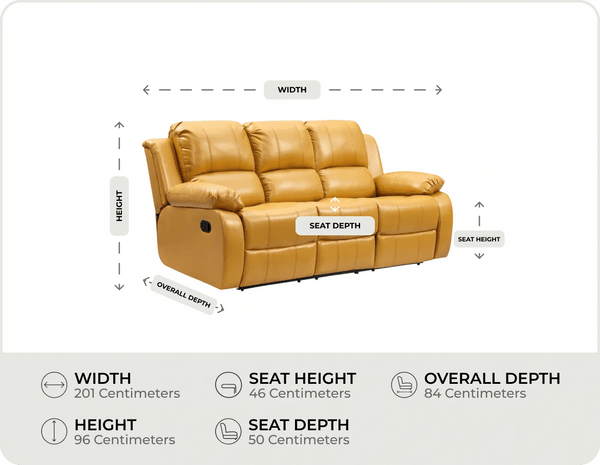 York Mustard Leather Manual Recliner 3 Seater Sofa measurement