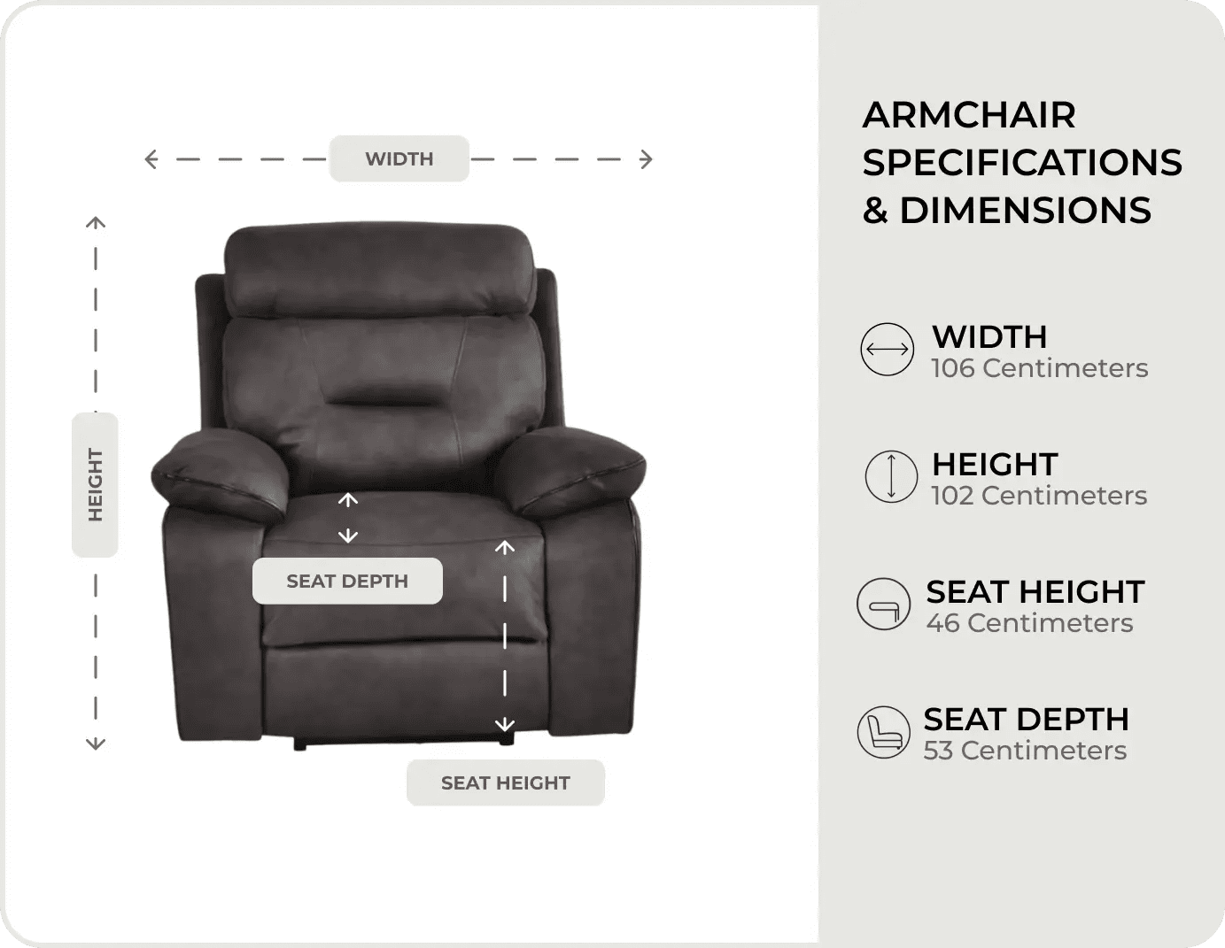 Foster Dark Grey Fabric Electric Recliner Armchair measurements