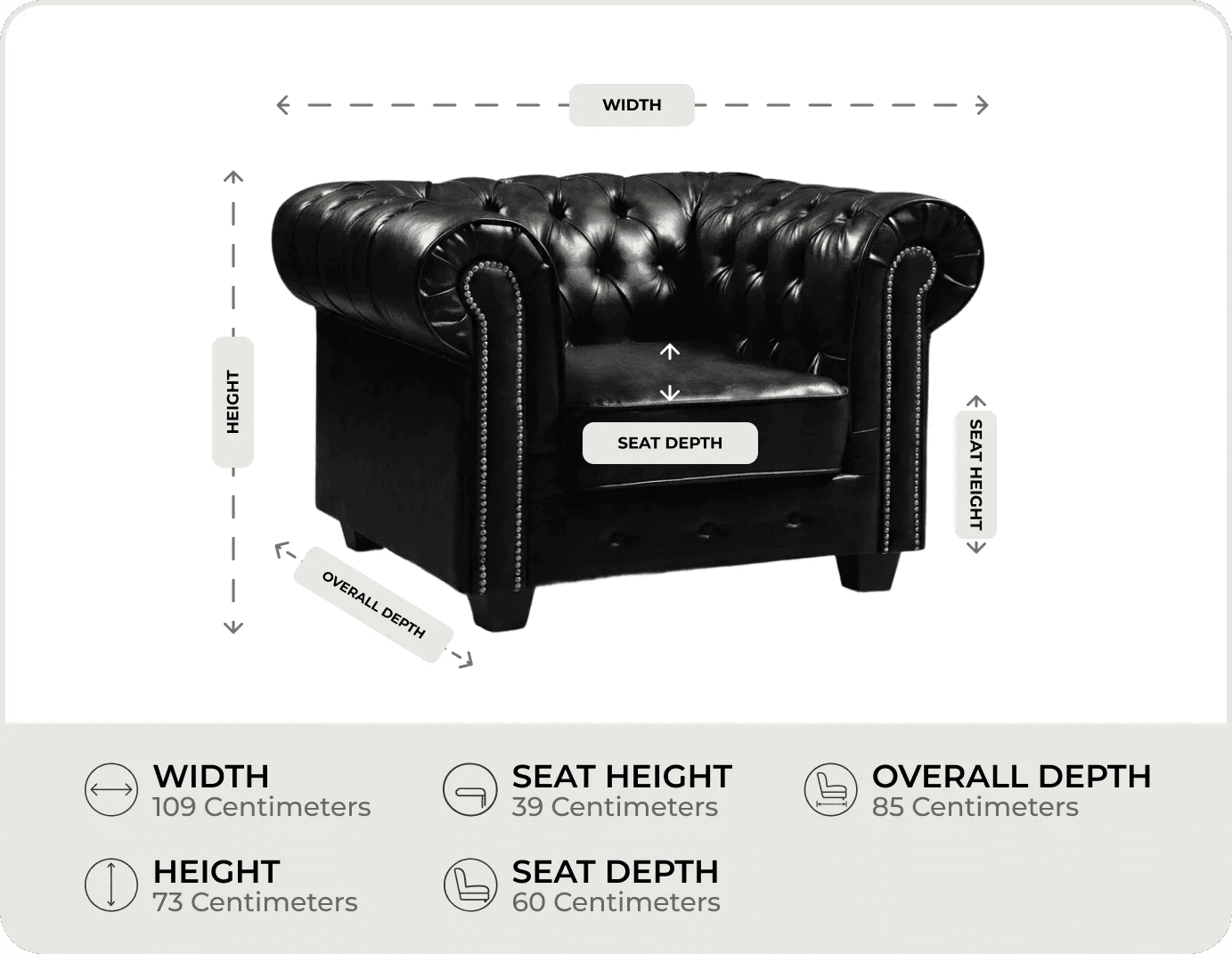 Chesterfield Black Leather Antique Armchair measurement