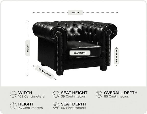 Chesterfield Black Leather Antique Armchair measurement