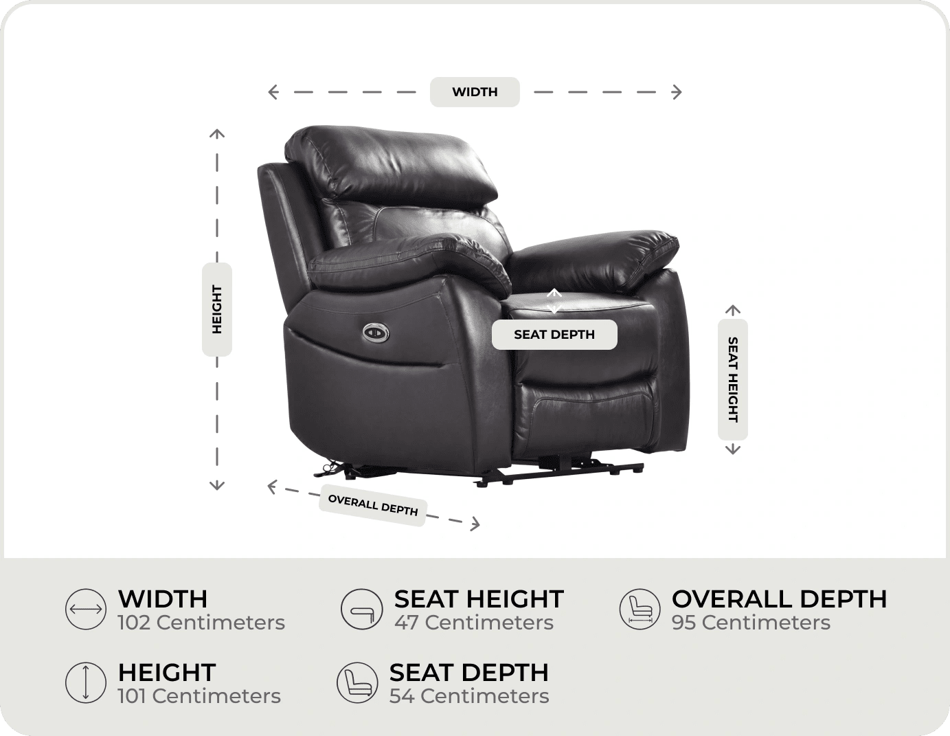 Torino Genuine Leather Black  Electric Power Recliner Armchair measurements