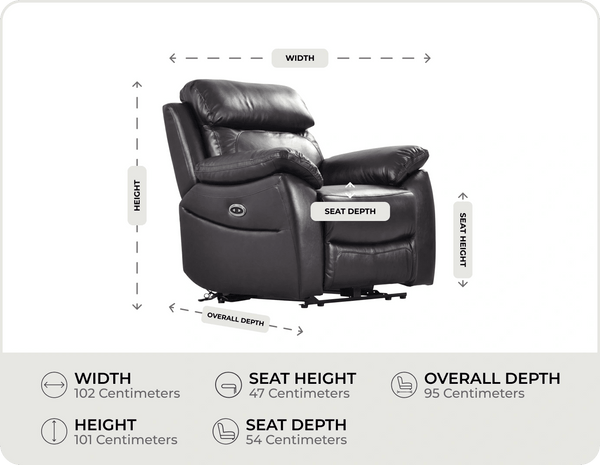 Torino Genuine Leather Black  Electric Power Recliner Armchair measurements