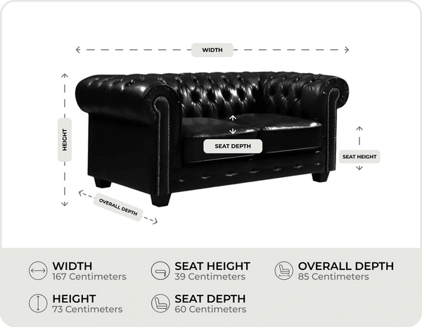 Chesterfield Black Leather Antique 2 Seater Sofa measurement