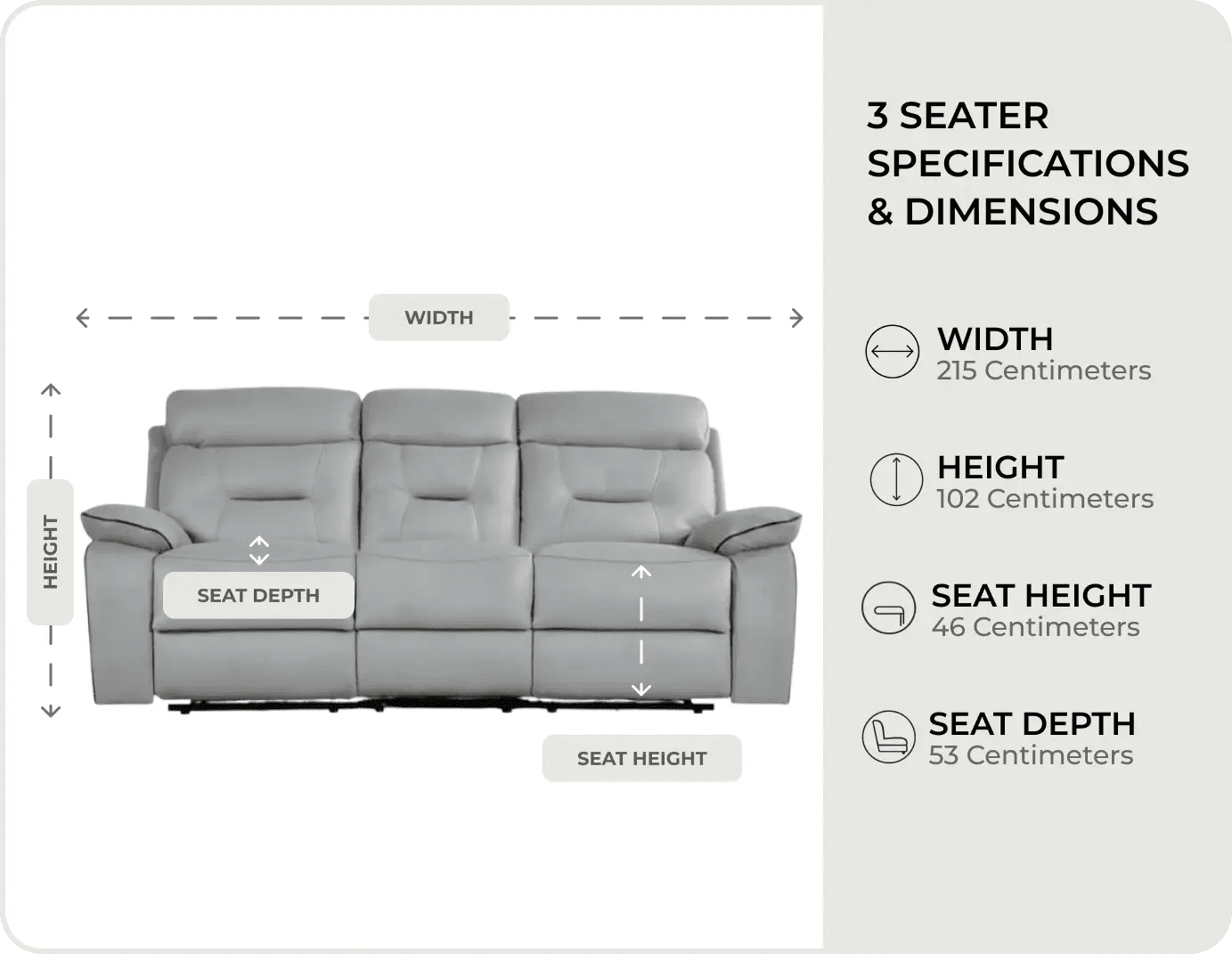 Foster Light Grey Fabric Electric Recliner 3 Seater Sofa measurements