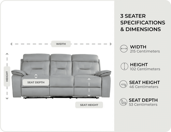 Foster Light Grey Fabric Electric Recliner 3 Seater Sofa measurements