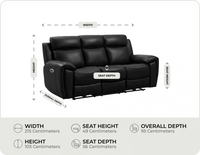 Leo Genuine Leather Black Electric Power Recliner 3 Seater Sofa measurements