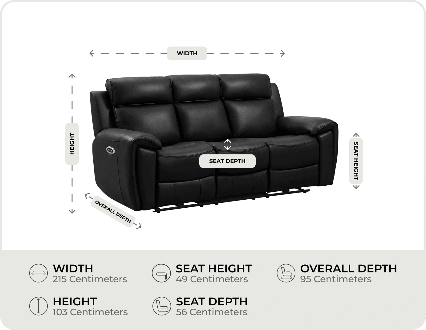 Leo Genuine Leather Black Electric Power Recliner 3 Seater Sofa measurements