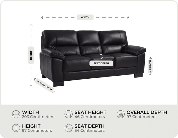 Dalmore Genuine Leather Black 3 Seater Sofa measurement