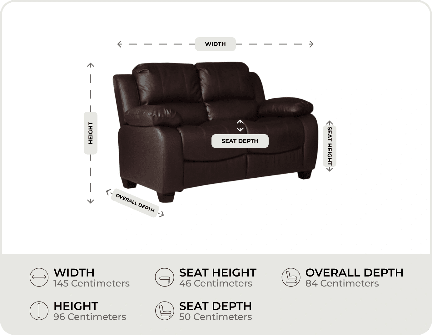 Veloura Brown Leather 2 Seater Sofa measurement