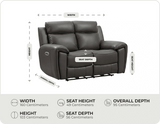 Leo Genuine Leather Grey Electric Power Recliner 2 Seater Sofa measurements