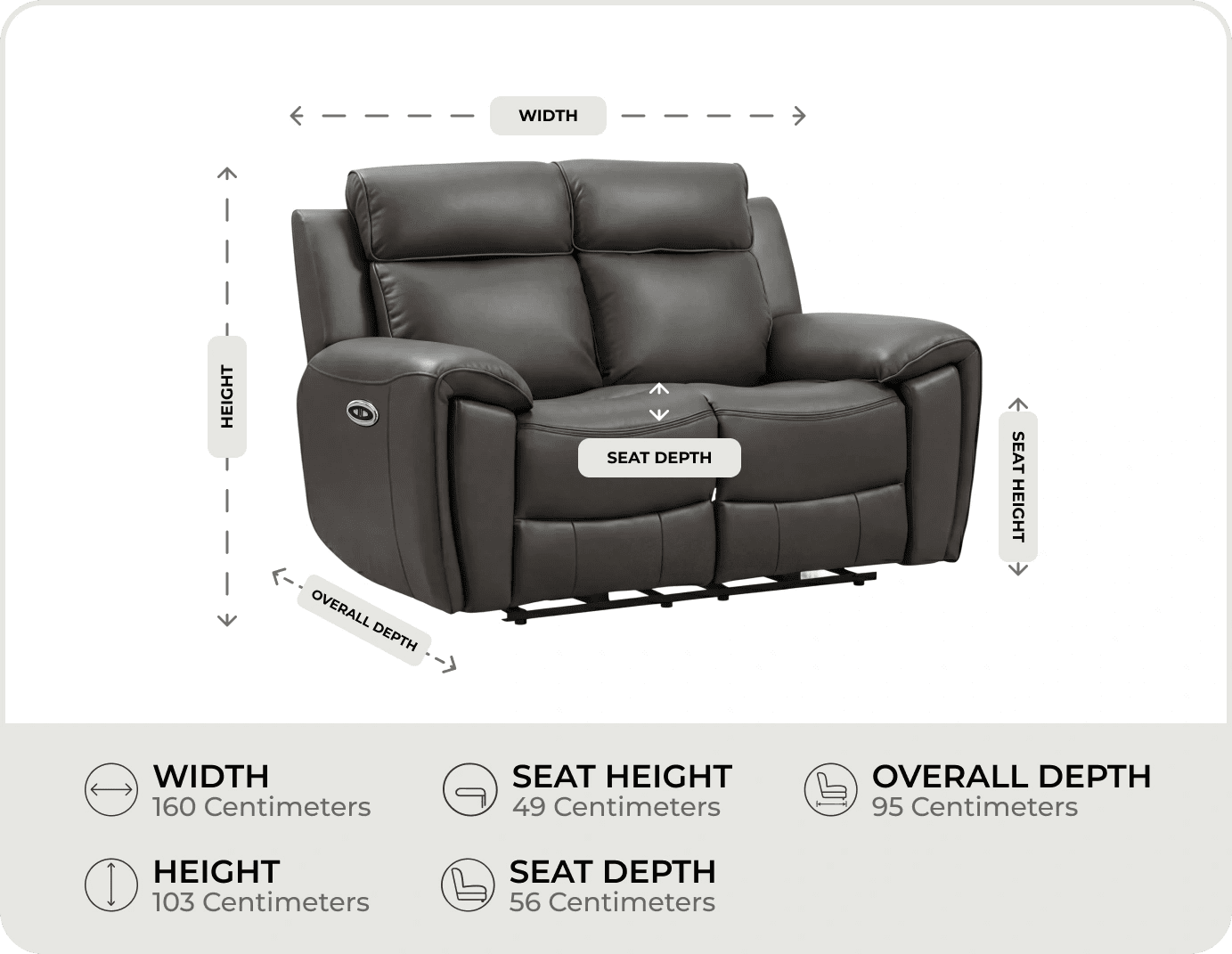 Leo Genuine Leather Grey Electric Power Recliner 2 Seater Sofa measurements