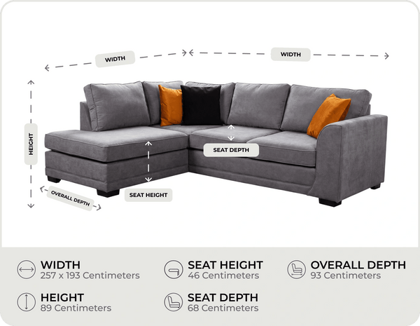 Orka Sofa Grey Fabric Left Hand Corner Sofa - LHC measurement