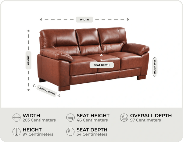 Dalmore Genuine Leather Tan 3 Seater Sofa measurement 