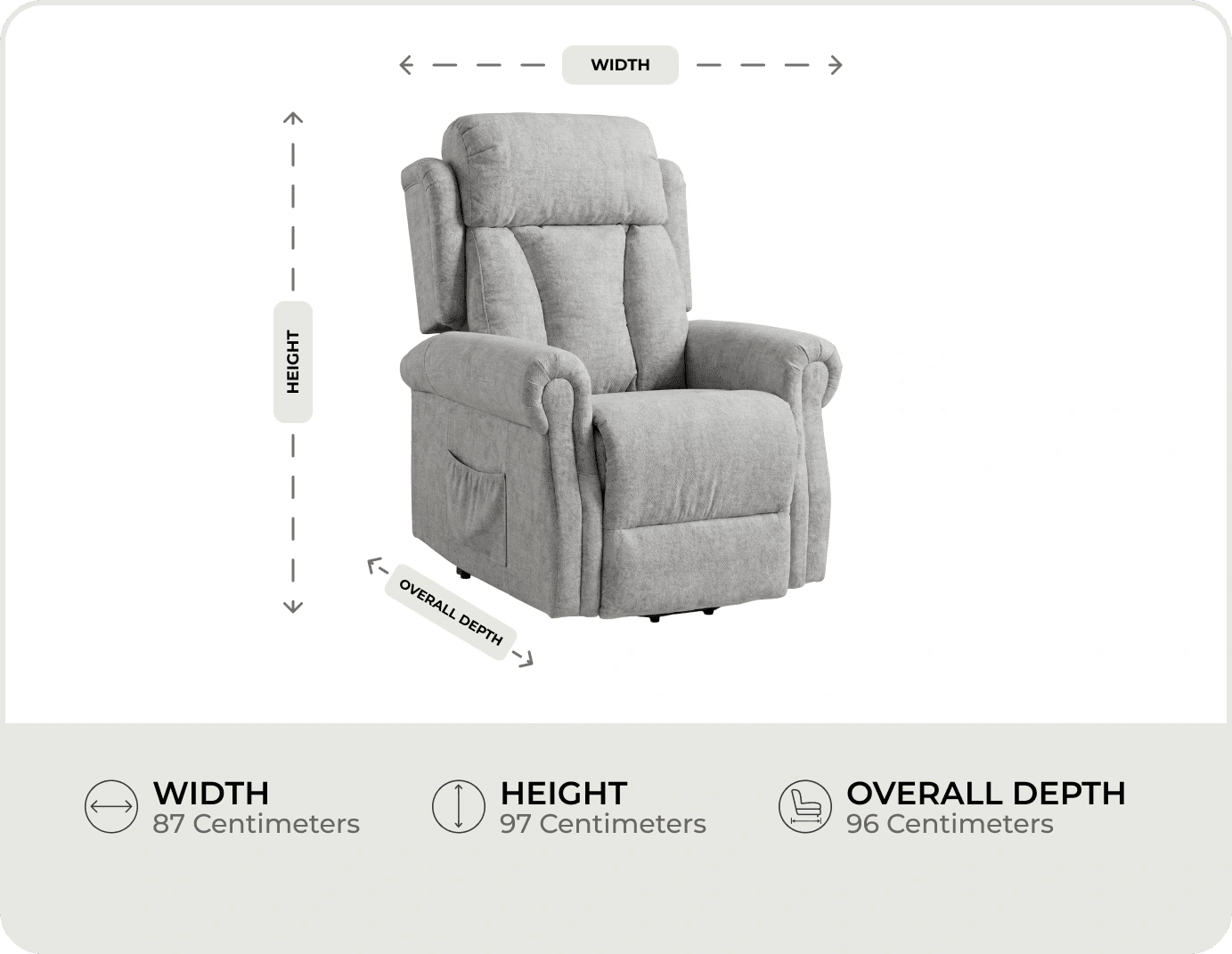 Derby Light Grey Fabric Rise & Recline Mobility Chair measurements