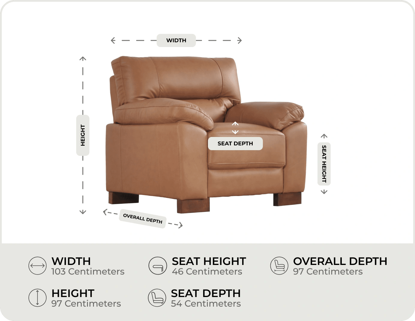 Dalmore Genuine Leather Caramel Armchair measurement


