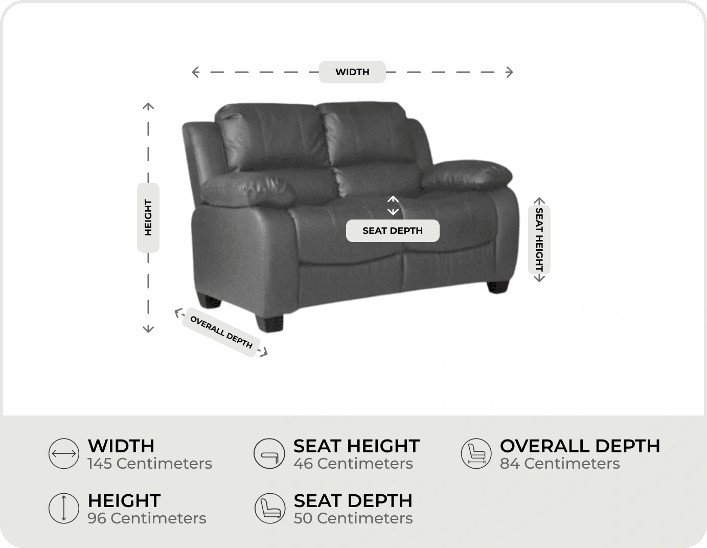 Veloura Grey Leather 2 Seater Sofa measurement