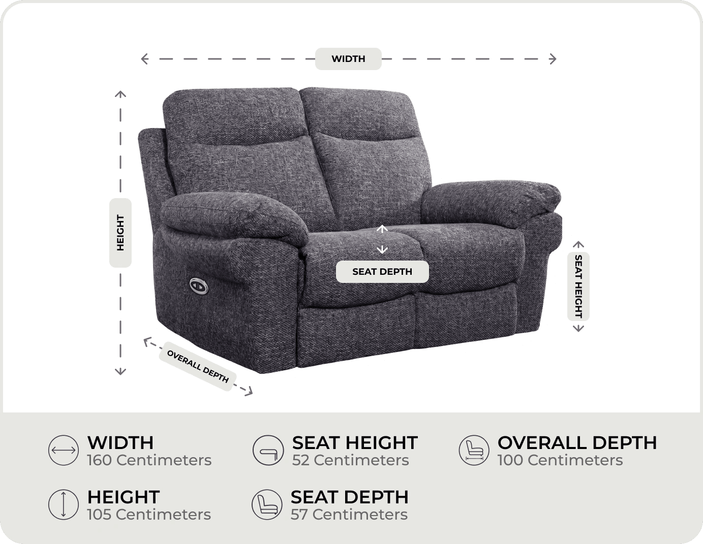 Lunaro Grey Fabric Electric Recliner 2 Seater Sofa measurements