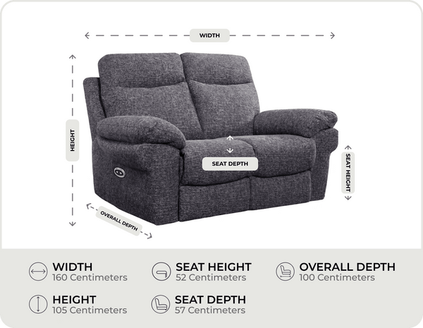 Lunaro Grey Fabric Electric Recliner 2 Seater Sofa measurements
