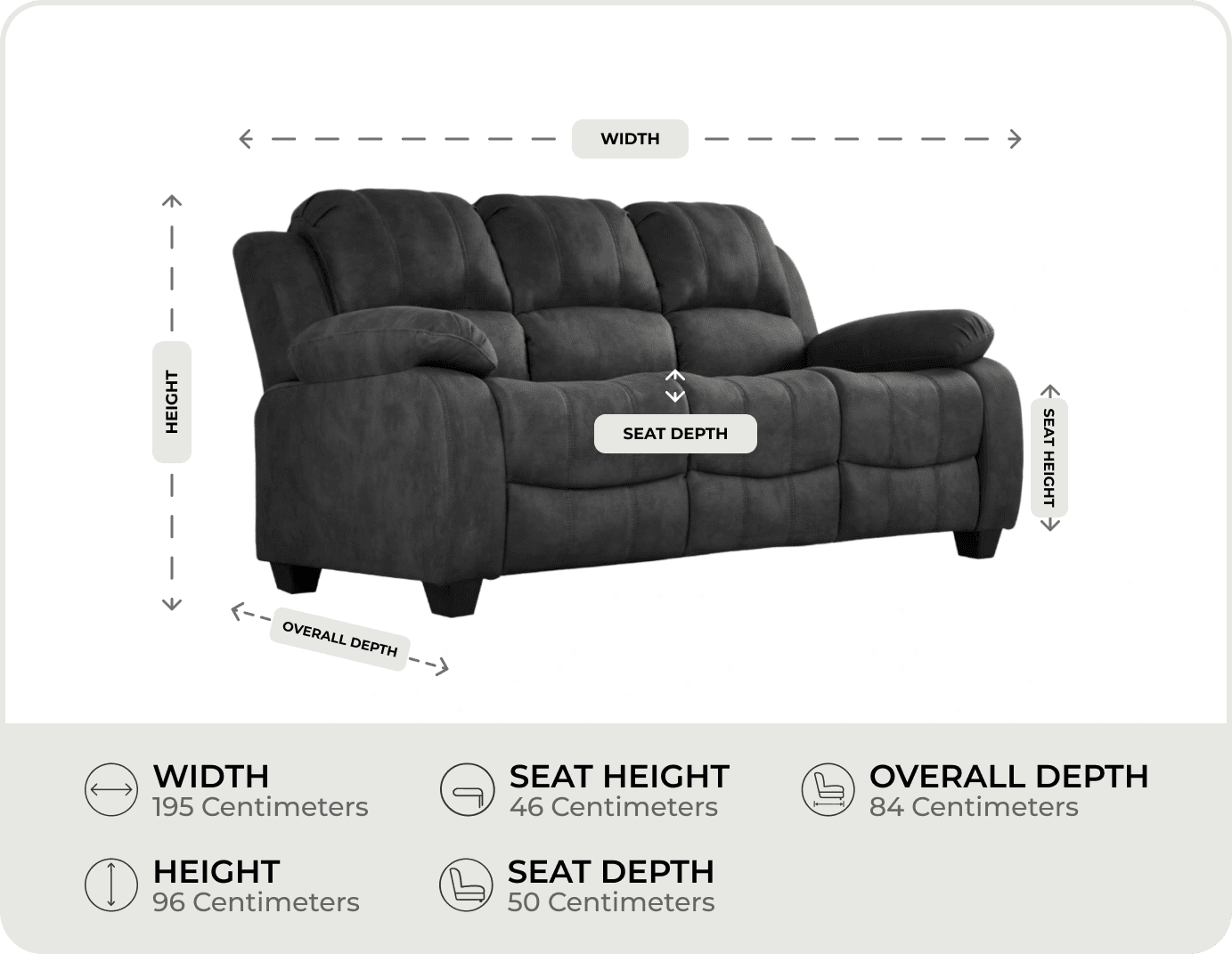 Veloura Charcoal Fabric 3 Seater Sofa measurement