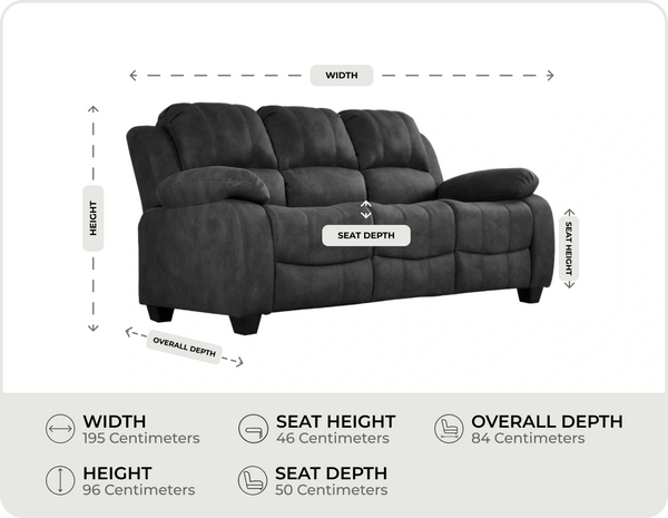 Veloura Charcoal Fabric 3 Seater Sofa measurement