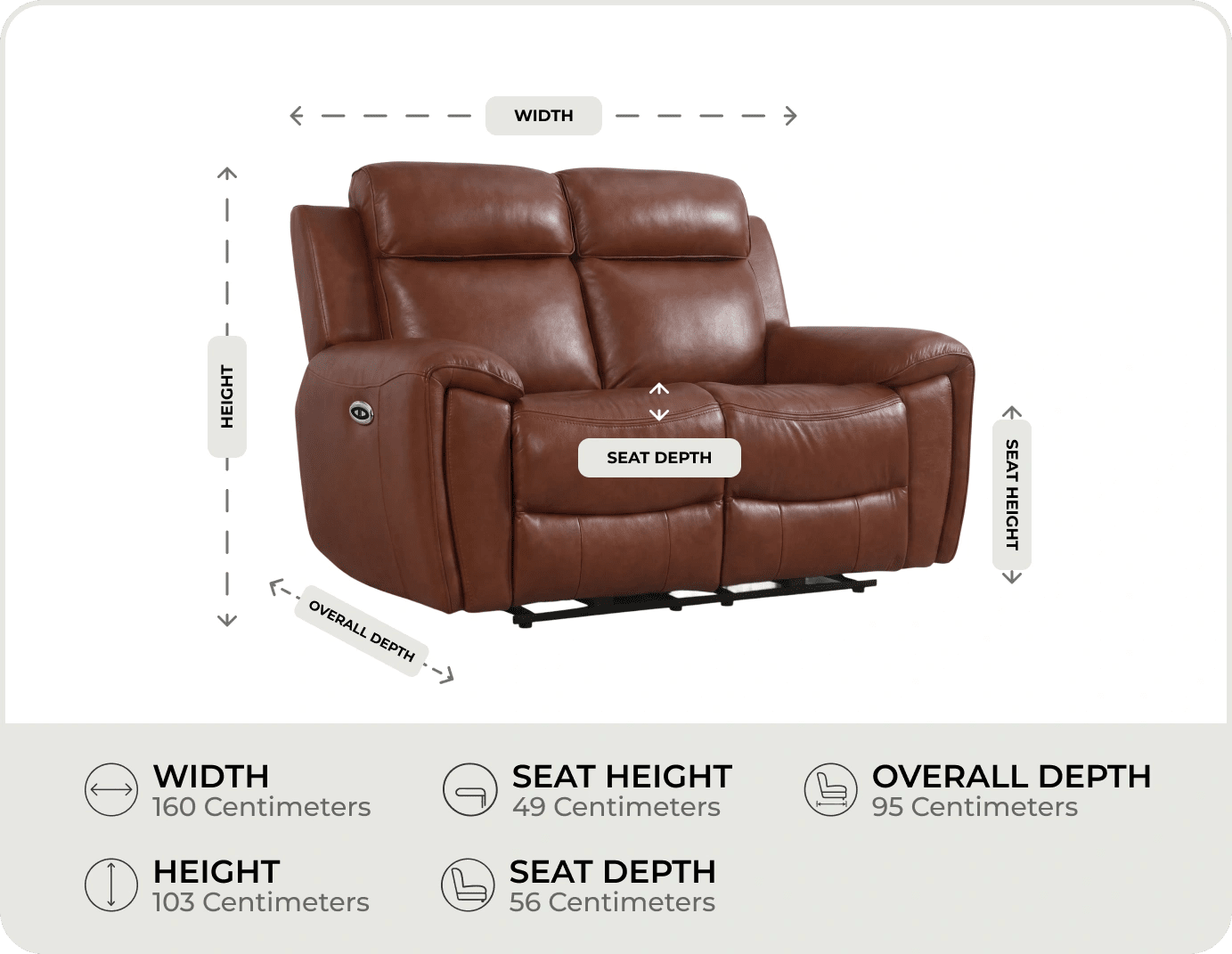 Leo Genuine Leather Tan Electric Power Recliner 2 Seater
measurements