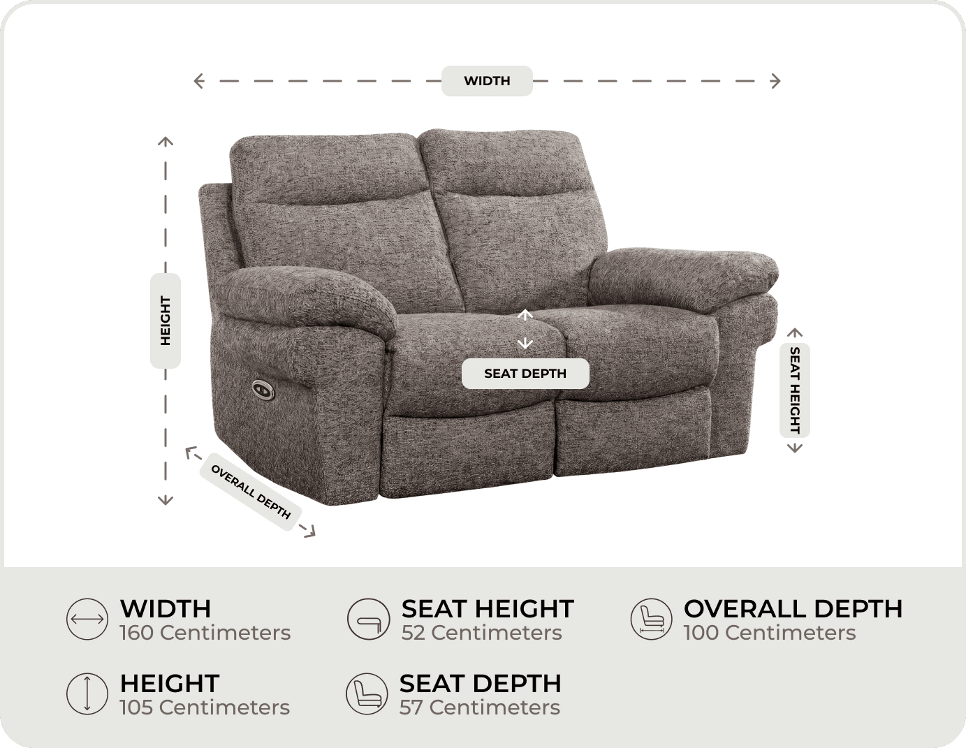 Lunaro Brown Fabric Electric Recliner 2 Seater Sofa measurements