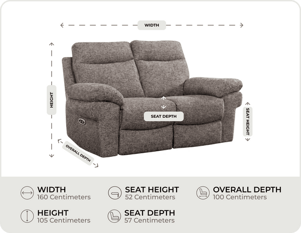 Lunaro Brown Fabric Electric Recliner 2 Seater Sofa measurements