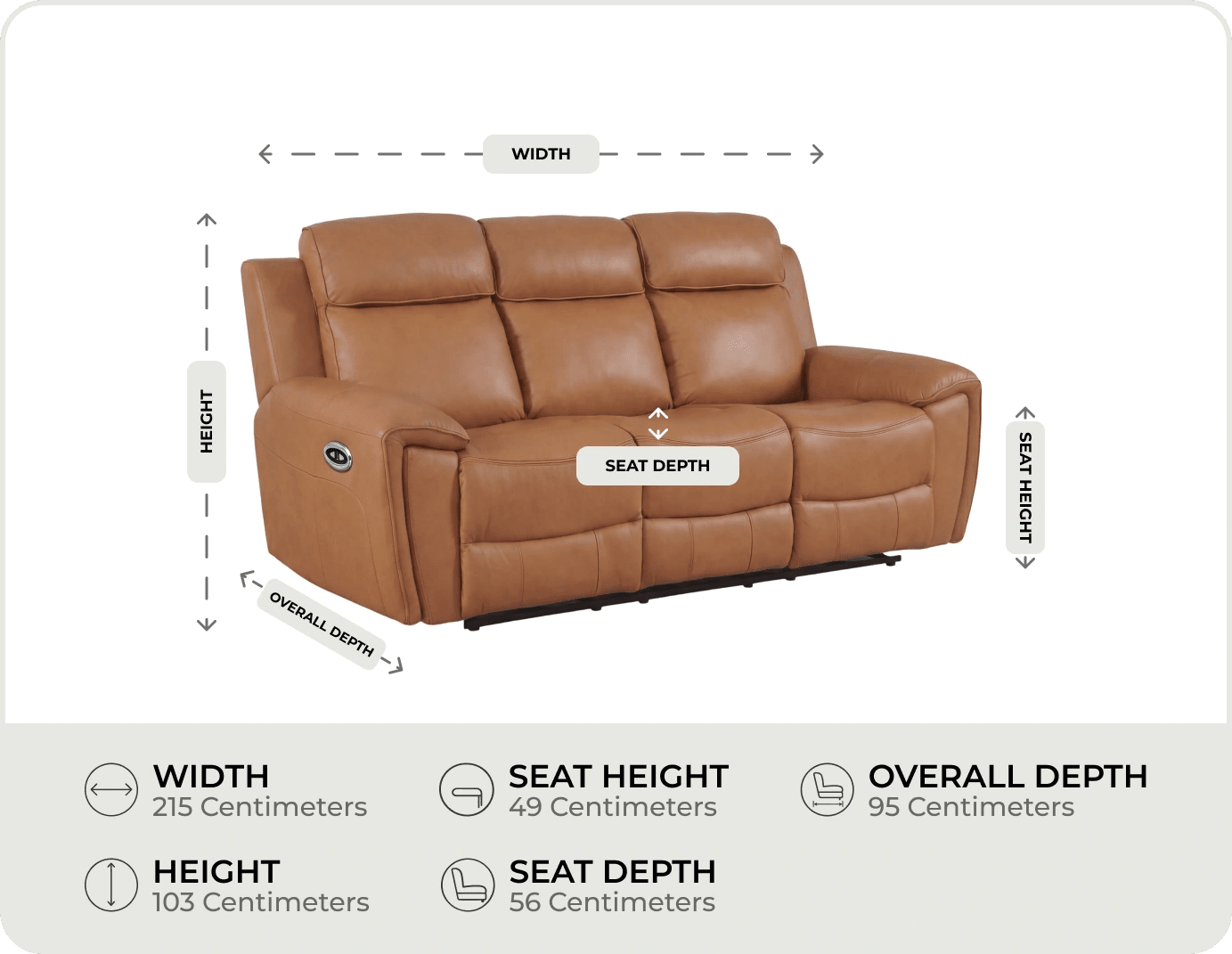 Leo Genuine Leather Caramel Electric Power Recliner 3 Seater Sofa
measurements
