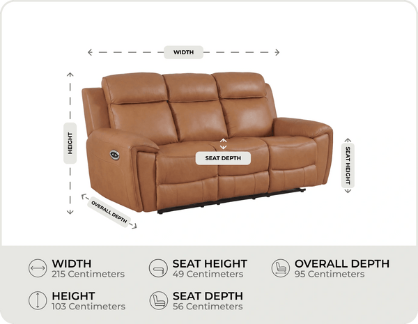 Leo Genuine Leather Caramel Electric Power Recliner 3 Seater Sofa
measurements

